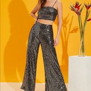 Crop Sequin Cami Top & Wide Leg Pants